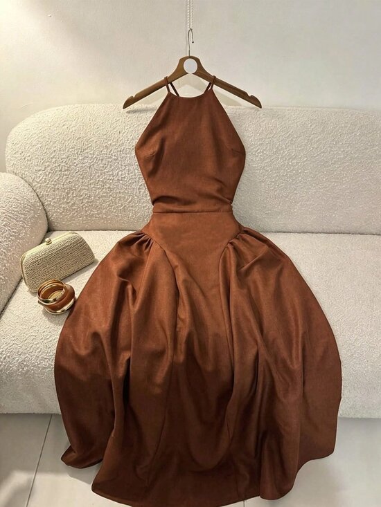 Dresses & Skirts - Coffee Brown Sexy Women's Two-Sided Ruched Open Back Wrap Tie Midi Dress